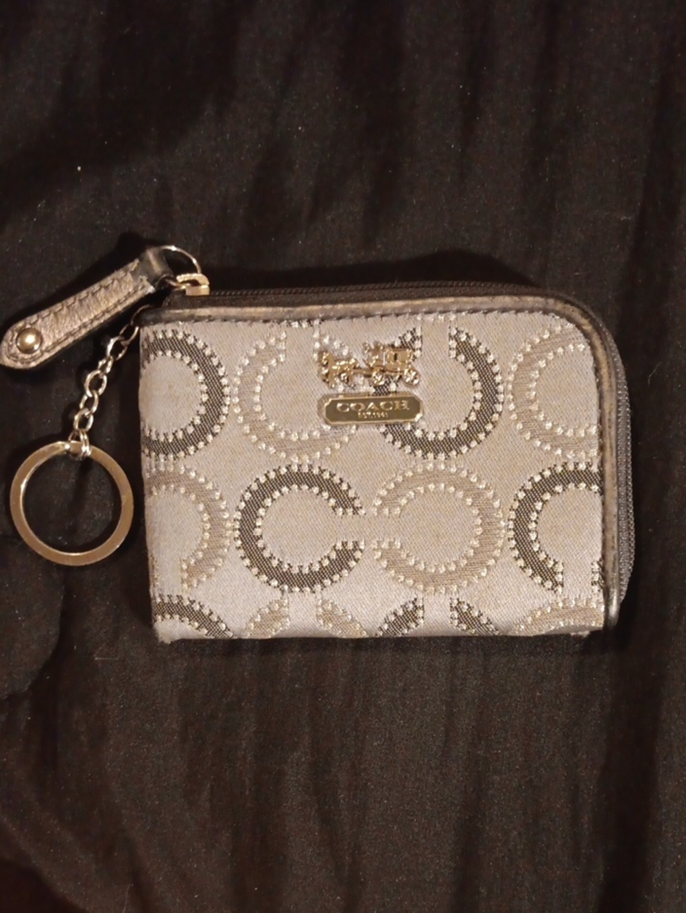 Coach Silver and Gray Signature Zip Card Case Keyring